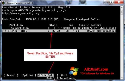 Screenshot PhotoRec for Windows 10