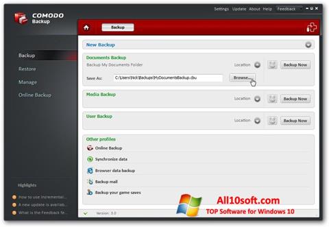 Screenshot Comodo BackUp for Windows 10